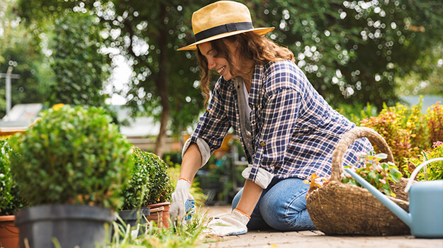 Femme qui fait du jardinage printanier, plantation de fleurs et d'arbustes devant la maison. 